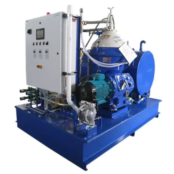 Disc centrifuge system with clean fluid collection tank and transfer pump