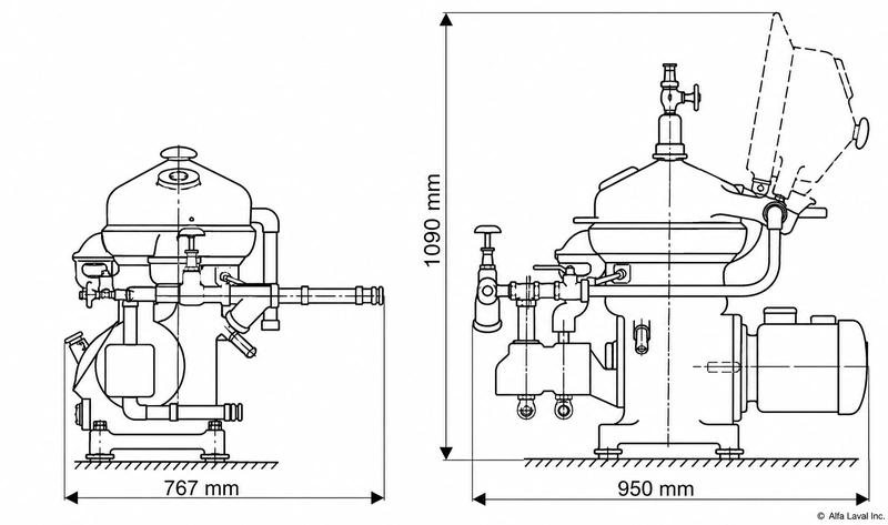 Alfa Laval MAB 104 centrifuge dimensions drawing with 767 mm width, 950 mm length, and 1090 mm height