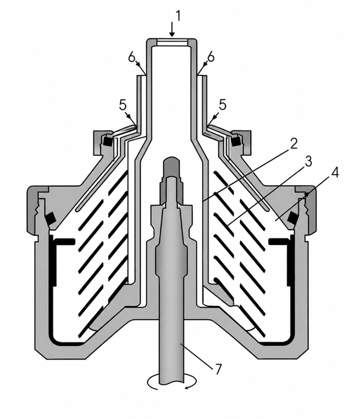 Alfa Laval MAB 104 centrifuge bowl cross-section diagram showing separation flow through the disc stack