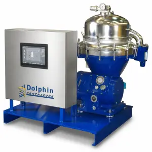 Dolphin stainless steel disc centrifuge with clean touchscreen control panel on flat deck skid