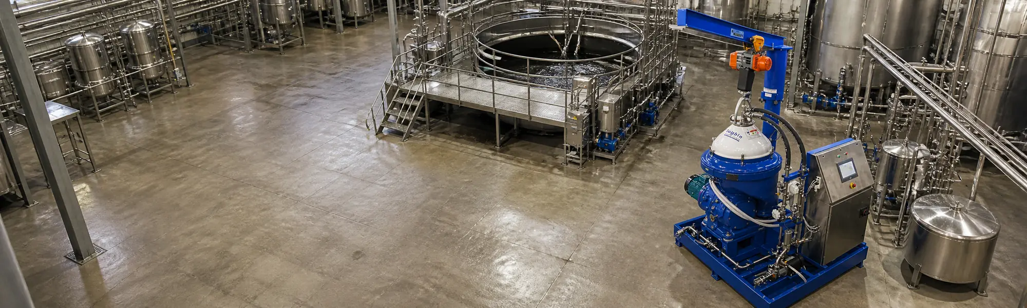 Alfa Laval WHPX 513 based Dolphin DMPX-070 disc stack centrifuge system installed on a processing plant floor