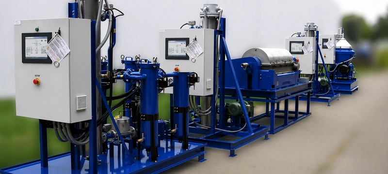 Skid-mounted crude oil tank bottom recovery system with touchscreen control panels and emergency stop buttons
