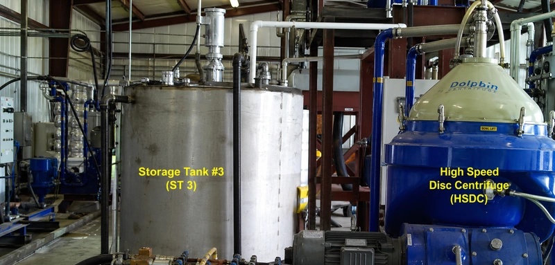 High speed disc centrifuge and storage tank used for crude oil tank bottom recovery