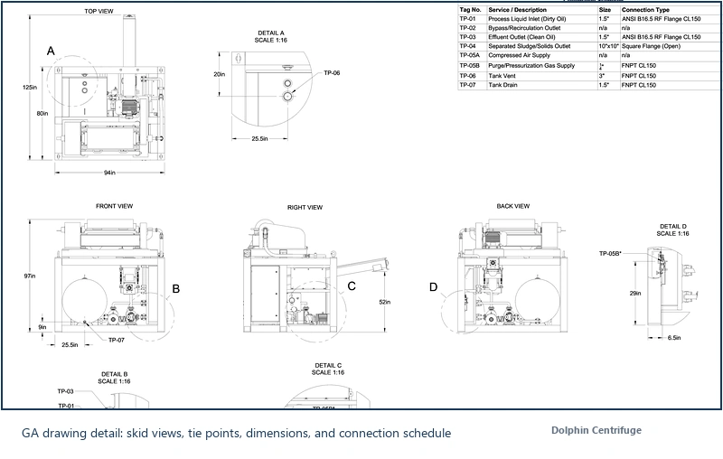 GA drawing detail for skid-mounted industrial centrifuge package