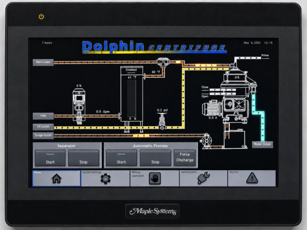 Dolphin Centrifuge HMI touchscreen displaying live centrifuge process data