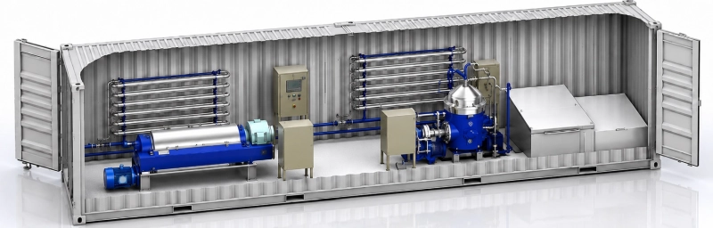 Containerized centrifuge module 3D CAD model showing system layout inside a shipping container