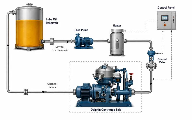 Kidney loop arrangement for a turbine oil centrifuge taking oil from the reservoir and returning it clean