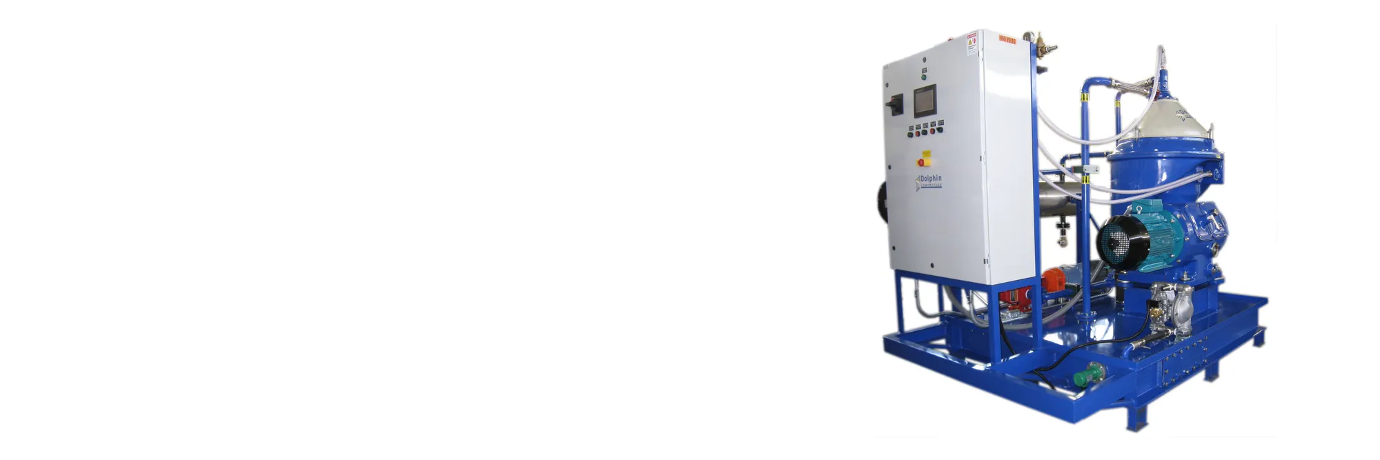 Dolphin-remanufactured Alfa Laval MOPX 210 centrifuge system on a skid with a PLC control panel