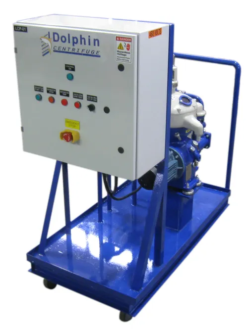 Alfa Laval MAB 103 compact disc stack centrifuge on a Dolphin trolley skid with local control panel
