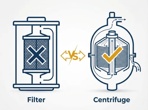 Filter versus Centrifuge comparison -- industrial oil filtration vs disc stack centrifuge separation